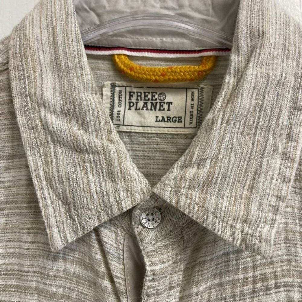 Free Planet Men's Beige Cotton Shirt Button-Down Striped Short Sleeve Large - Picture 2 of 6